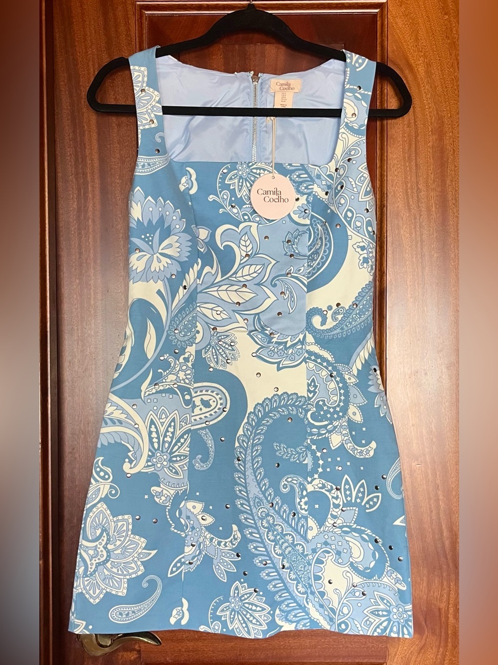 CAMILA COELHO Powder Blue white Paisley Square Neck Mini Dress (Hemant & Nandita - Picture 2 of 5